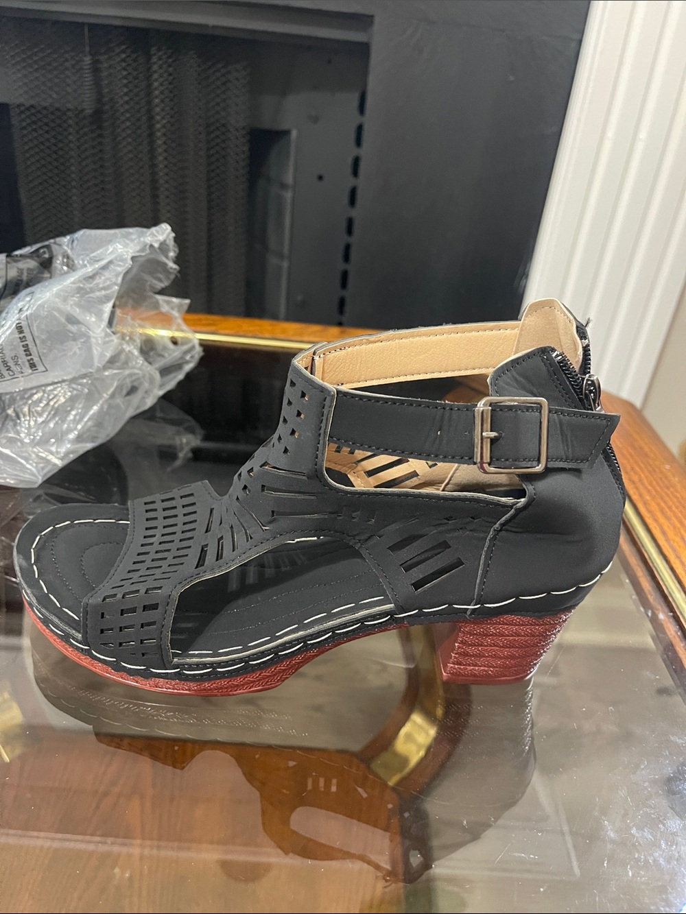 Women's Black Cutout Ankle Strap Sandal with Red Block Heel